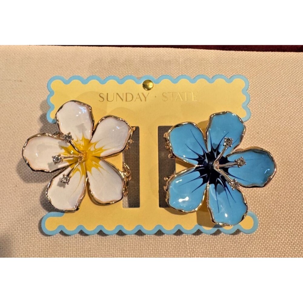 NEW Sunday State Hair Clips Tropical Flowers Set of 2 White/Yellow and Blue New